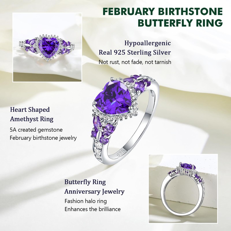 RANDES Heart Engagement Rings for Women Sterling Silver Butterfly Ring