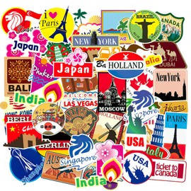 Travel Stickers 100Pcs Travel Map City Stickers Vinyl Waterproof World Tourism Landmarks Stickers with Famous Building Attractions Cityscape for Adults Teens Scrapbook Laptop Guitar Luggage Bicycle