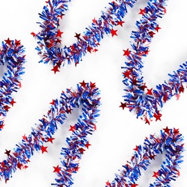 50 Feet 4th of July Tinsel Garland Red White Blue Patriotic Star Garland Twisted Hanging Streamer for 4th of July Party Decoration Independence Day Memorial Celebration (Style A)