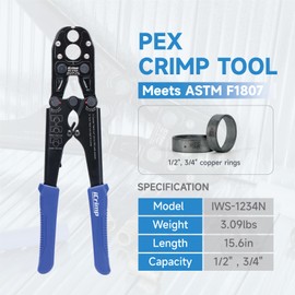 iCrimp IWS-1234N Pex Pipe Crimping Tool, Plumbing Tool with Convertible 1/2" and 3/4" Jaws for Copper Ring, meets ASTM 1807 Standard