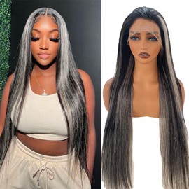 Belaved Wigs Human Hair for Women Ombre Black to Grey Long Straight 13x4 Hd Lace Front Human Hair Wig Pre Plucked Pre Cut 26 Inch 180% Density Transparent Glueless Black Mix Silver with Baby Hair