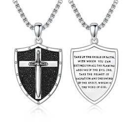 PDTJMTG Sterling Silver Knights Templar Cross Joshua 1:9 Shield Pendant Necklace with 22+2 inch Stainless Steel Chain Men's Verse Bible Armor of God Necklace (Sword & Shield)
