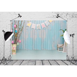BELECO 5x3ft Fabric Happy Easter Backdrop Blue Wooden Wall Interior Easter Backdrops for Photography Kids Baby Newborn Photoshoot Party Decorations Spring Photo Background Props