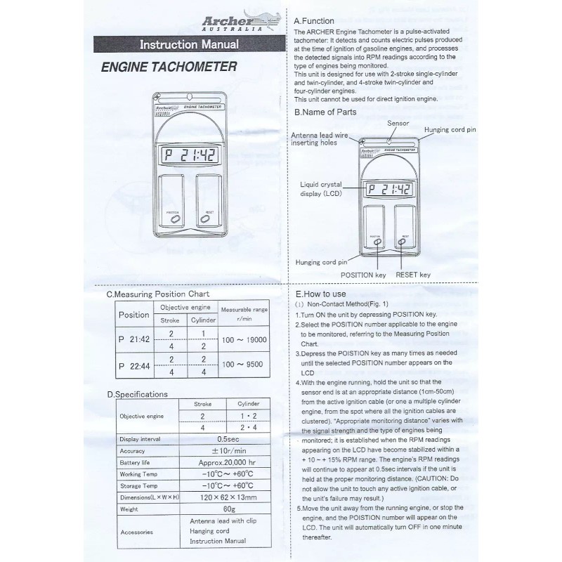 Archer Australia Digital Engine Tachometer (Like OPPAMA PULSE PET-1100R) 2