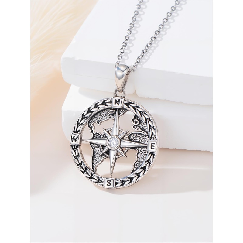 Compass Necklace for Men Women 925 Sterling Silver Compass World