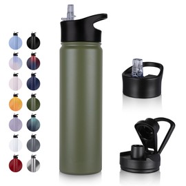 UMBFUN Stainless Steel Drinking Bottle – 750 ml – with Straw, Leak-Proof, Suitable for Carbonated Drinks, BPA-Free Thermos Bottle (+ 2 Lids) Vacuum Double Wall Insulation for Sports, Travel, Camping,