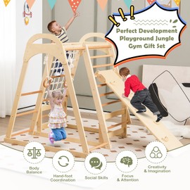 Costzon Indoor Jungle Gym, 7-in-1 Montessori Climbing Toys for Toddlers with Slide, Climbing Net, Gymnastic Rings and Monkey Bars, Wooden Playground Climber Playset for Kids Gifts Presents
