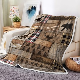 Rustic Farmhouse Throw Blankets, Cabin Hunting Deer Bear Sports Cozy Warm Bed Couch Blanket, Country Wooden Hunting Camping Forest White Fleece Flannel Throws to Decorate The Room and Bedroom