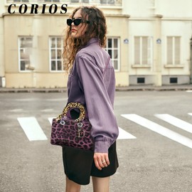 CORIOS Leopard Print Handbag Women's PU Leather Shoulder Bag Waterproof Shoulder Bags Fashion Messenger Bag Handbag Elegant Tote Bag Carry Bag Work Travel Handbag, Purple M