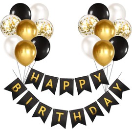 Happy Birthday Banner, Black and gold Birthday Decoration Happy Birthday Balloons, Ribbons and Birthday Banners for Decoration Birthday Party Supplies（Black&gold)