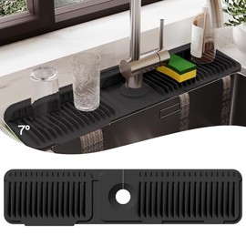 24 Inch Silicone Faucet Mat for Kitchen Sink Splash Guard – Upgraded Draining Mat with Water Tray Behind Faucet – Countertop Protectors to Catch Spills (Black, 24" x 5.5" )