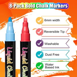 Chalk Markers, Vibrant Color Liquid Chalk Pens, for Chalkboard, Blackboard, Window, Glass, Mirror, Water-Based, Non-Toxic, 6mm Reversible Tip, 8 Pack