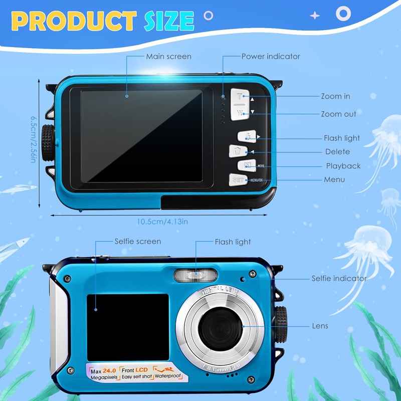 Helangel Digital Camera Waterproof Full HD 2.7K 48MP Underwater Camera