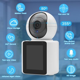 Xuzimaoyi Security Pet Camera, WiFi Camera with 2.8 Inch Screen for Home Security 355 Degree Panoramic, Motion Detection and Alarm, 24/7 Recording (Two-Way Video)