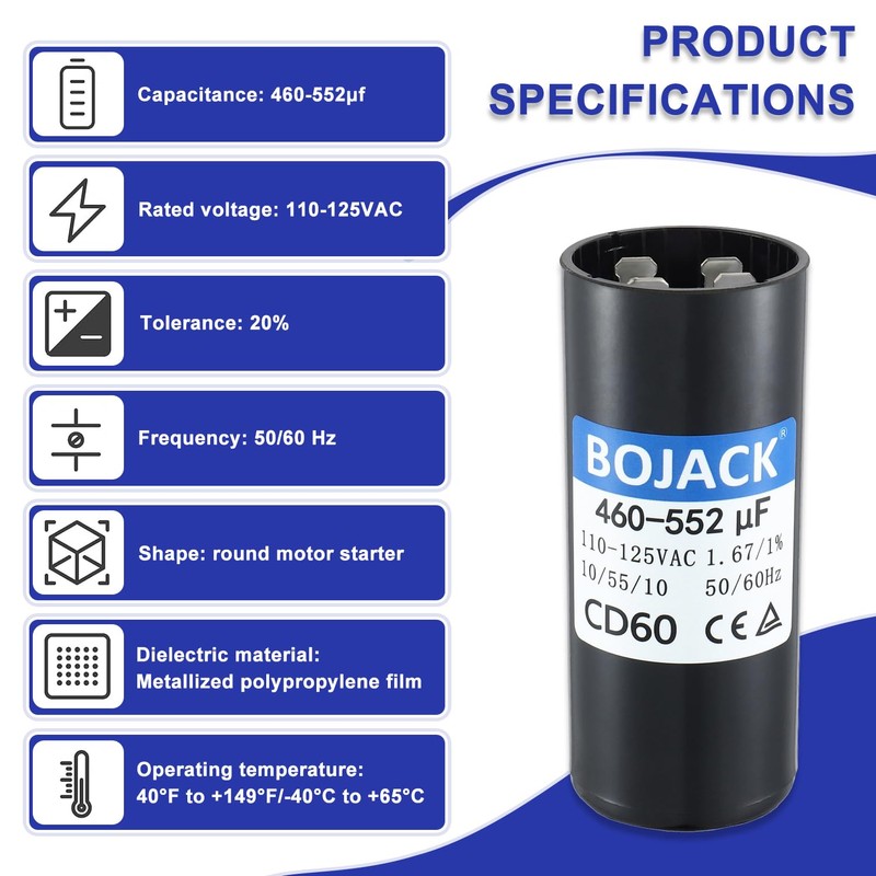 BOJACK 460-552 uF/MFD 110-125 VAC 50/60 Hz Universal Round Start