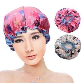 Friendjia Pack of 2 Women's Shower Caps, Waterproof, Dustproof, Oil Resistant, Reusable Shower Cap with Elastic Band, Pink Yellow Butterfly Pattern