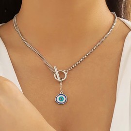 Inateannal Boho Evil Eye Necklace Open Circle Toggle Necklace Evil Eye Pendant Necklace Blue Eye Y Lariat Necklace Jewelry for Women and Girls（Silver）