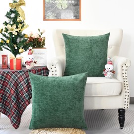 CaliTime Pack of 2 Christmas Cozy Throw Pillow Covers Cases for Couch Sofa Home Decoration Solid Dyed Soft Chenille 18 X 18 Inches Dark Green