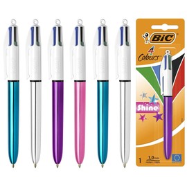 BIC 4 Colours Shine Retractable Multi-Coloured Ballpoint Pens, Medium Point 1.0mm, Assorted Metallic Barrels, Pack of 6