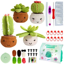 4Pcs Crochet Kit for Beginners Complete Crochet Knitting Kit Adorable Cactus Crochet Starter Pack with Yarn Stuffing Crochet Hooks DIY Crochet Craft Kit with Step-by-Step Video for Adults
