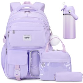 ACESAK Backpack for Girls with 14oz Insulated Water Bottle, Girls Laptop Backpack for Teen Women, Termos Kids Water Bottle Stainless Steel, Lunch Bag & Pencil Pouch, Back To School Gift (Purple)