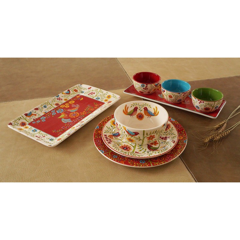 Bico Red Spring Bird Ceramic Dinner Plates Set of 4,