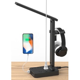 Drevet LED Desk Lamp with Headphone Stand, Desk Light with 1 USB Charging Port and 2 AC Power Outlet, 3 Lighting Modes, 3 Level Brightness,1H Timer, Memory Function, Eye-Caring Gaming Desk Lamp