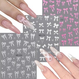 Bow Nail Art Stickers 5D Embossed Nail Decals Bowknot SelfAdhesive Nail Designs Sticker White Pink Bow Nail Design Cute Bows Nail Supplies Ribbon Bow-Knot for Women Manicure Decorations 3sheets