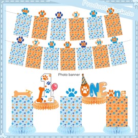 Blue Dog 1st Birthday Party Decorations, Dog Paw 12 Monthly Milestone Photo Banner Baby First Year Down Cartoon Dog Theme Photo Table Centerpiece for Blue Paw Dog First Theme Party