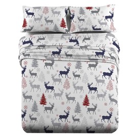 Royal Tradition Heavyweight Flannel, 100-Percent Cotton Split King 5PC Sheets Set for Adjustable Beds, Christmas Deer Print, 170 GSM