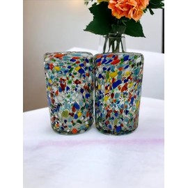Set of 2 Hand-Blown Juice Glasses | 14 oz Mexican Rainbow Confetti Rock Design | Textured Glassware with Clear Rim