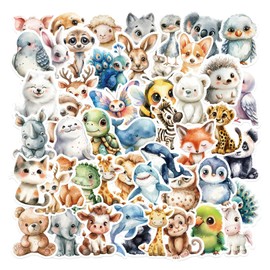 Pack of 50 Stickers Animals Children Cute Cartoon Stickers Animals Vinyl Stickers with Watercolour Animals Motifs Waterproof Funny Animal Stickers for Kindle Scrapbook Laptop Phone Water Bottle