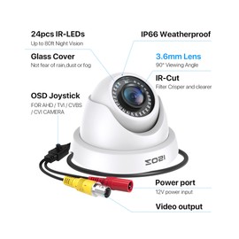 ZOSI 2.0MP 1080P 1920TVL Hybrid 4-in-1 TVI CVI AHD CVBS Security Surveillance CCTV Dome Bullet Camera, Weatherproof 80ft IR Day Night Vision for 960H,720P,1080P,5MP,4K Analog Surveillance DVR (White)