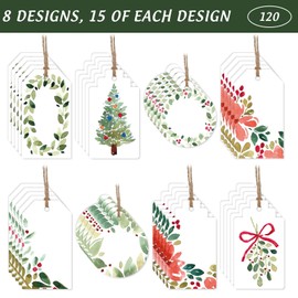 Whaline 120Pcs Christmas Paper Gift Tags Watercolor Xmas Tree Leaves Hanging Name Tag with Hemp Rope 8 Designs Label Tag for Holiday Party Favor Supplies
