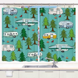 Happy Camper Kitchen Curtains, Camper Curtains Retro RV Camper Travel Trailers Forest Kitchen Window Curtain with Hooks Camper Curtains for Travel Trailers Window for Kitchen Decor 55 W X 39 L Inch