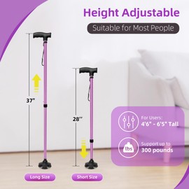 Adjustable Walking Cane for Women,10-Level Height Telescopic Walking Stick with 4-Prong Anti-Slip Pivoting Base, Wrist Strap, Heavy Duty Walking Aid for Adults & Elderly, Light Purple