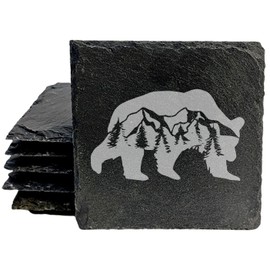 Bear Necessities: Slate Coasters with Majestic Mountain & Tree Scene - Laser Etched Rustic Drink Mats for a Wildly Stylish Home! - Square Slate - set of 8