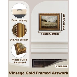 KBKBART Gold Framed Vintage Wall Art, Vintage Countryside Canvas Oil Painting Farmhouse Decor Wall Art, Rustic Antique Landscape Bathroom Wall Decor for Bedroom Living Room, Gifts for Friends or Family(9"x12")