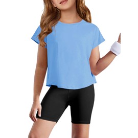 Haloumoning Girls Loose Athletic Shirts Short Sleeve Crop Tops Kids Quick Dry Gym Yoga Tees 5-14 Years Sky Blue