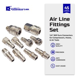 Cosmostar 10-Piece Industrial Air Line Fittings Set – 1/4" BSP Euro Connectors for Compressors, Hoses, and Air Tools – Nickel-Plated Steel Couplers and Plugs