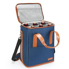 Tirrinia 6 Bottle Insulated Wine Carrier Bag Best Large Travel Cooler Totes with Detachable Divider and Adjustable Strap - Color: Brown