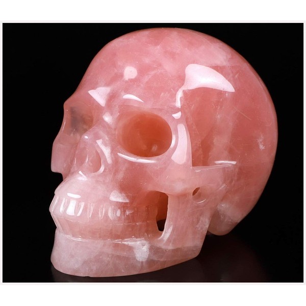Skullis 5.0” Rose Quartz Crystal Skull, Hand Carved Gemstone Fine Art Sculpture, Reiki Healing Stone Statue.890