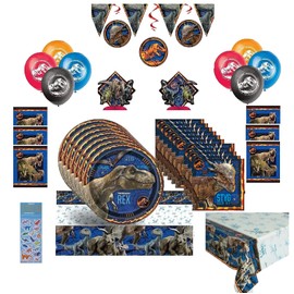 Jurassic World Fallen Kingdom Birthday Party Supplies Bundle for 16 includes Plates, Napkins, Table Cover, Mini Honeycomb and Hanging Swirl Decorations, Flag Banner, Loot Bags, Balloons