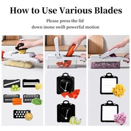 Cukitish Veggie Slicer Chopper Dicer and Cutter Multifunctional 17-in-1 Vegetable Mandoline Chopper with Container, 11 Interchangable Blades, Drain Strainer, Cleaning Brush, Hand Protector (White)