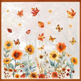 Mfault Fall Watercolor Sunflower Window Clings 4 Sheets, Autumn Flower Maple Leaves Butterfly Stickers Decals Decorations, Floral Farmhouse Home Kitchen Decor