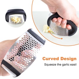 Tonvi Garlic Press Rocker - Stainless Steel Garlic Mincer Garlic Crusher tool with Peeler and Cleaning Brush