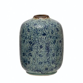 Creative Co-Op Terra-Cotta Floral Pattern, Distressed Blue Vase, 5" L x 5" W x 7" H