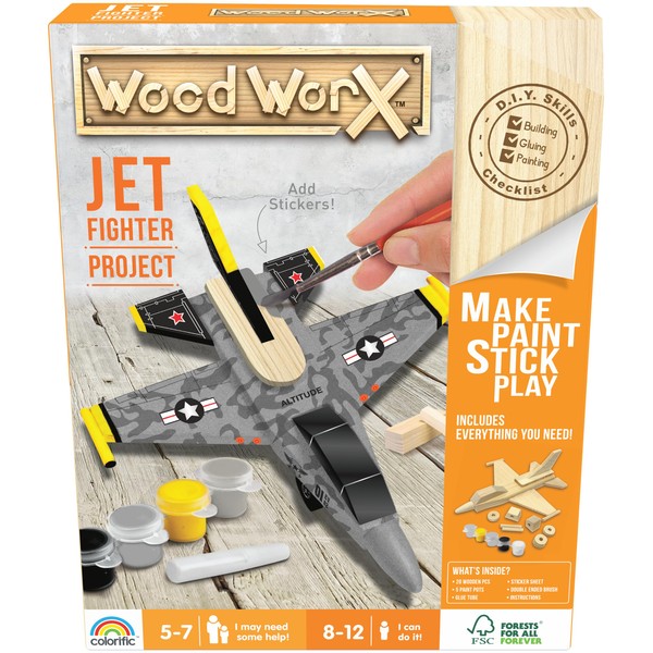 WoodWorX: Fighter Jet | 3D Wooden Model Kit | Build, Paint, Stick & Play | Model Kit for Kids Aged 5+