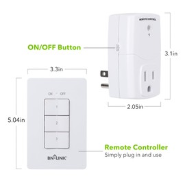 BN-LINK Mini Wireless Wall-Mounting Remote Control Outlet Switch Power Plug in for Household Appliances, Wireless Remote Light Switch, LED Light Bulbs, White (3 Outlets)