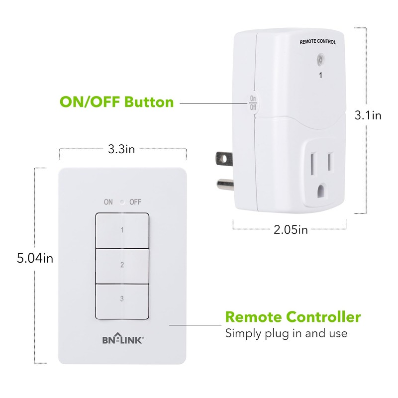 BN-LINK Mini Wireless Wall-Mounting Remote Control Outlet Switch Power Plug